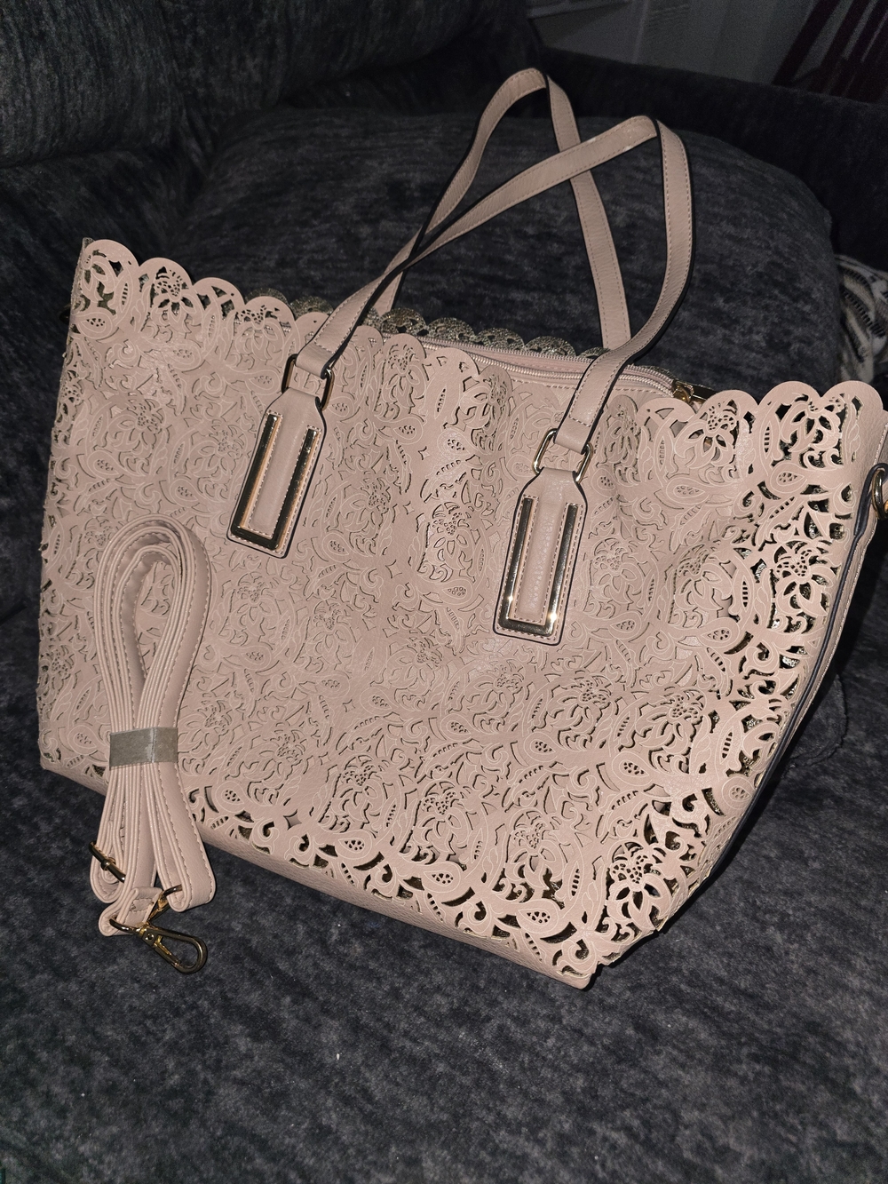 ALDO Blush Nude Laser Cut Perforated Floral Tote Shoulder Bag Crossbody Purse